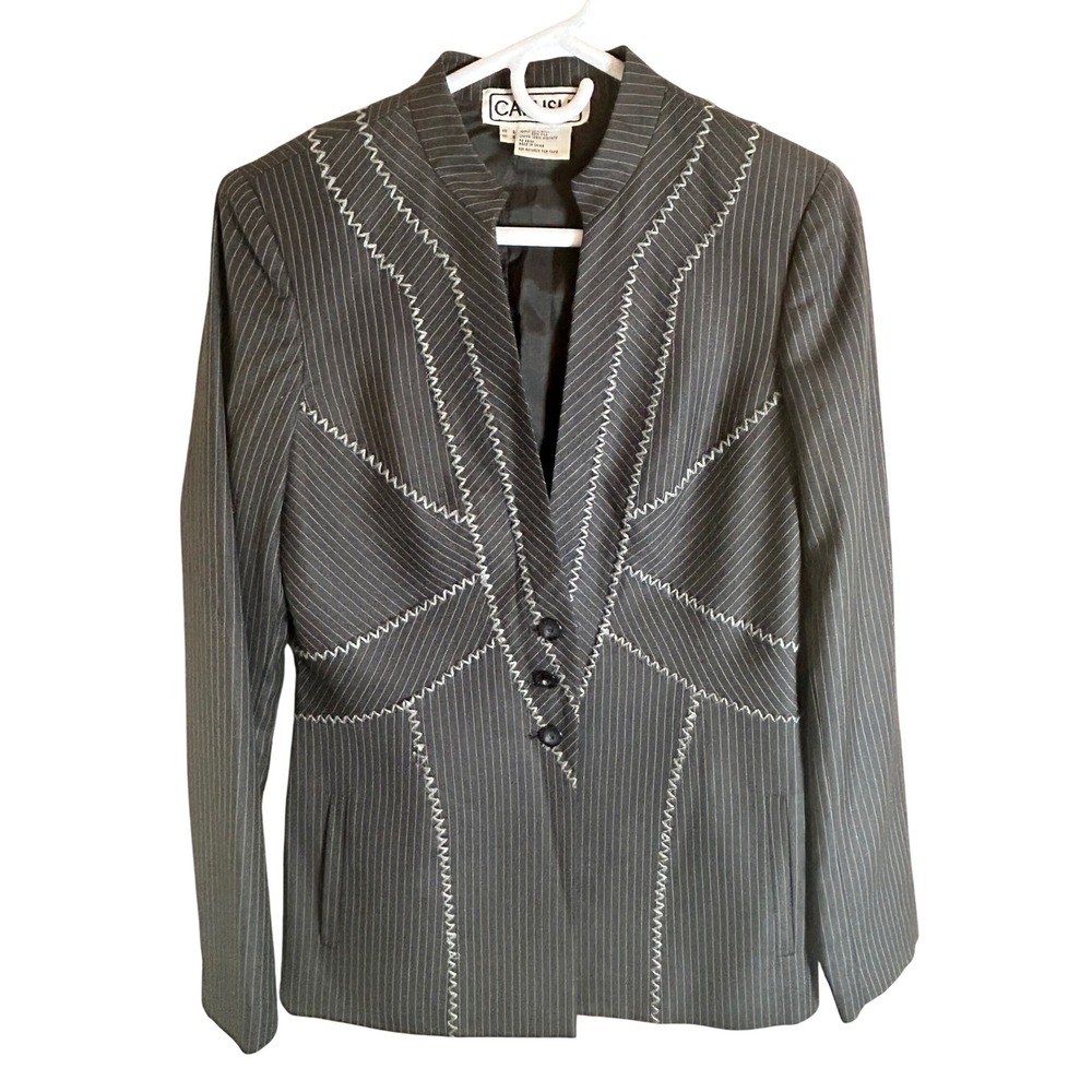Carlisle Blazer Women 6 Gray Pinstripe Wool Silk Zig Zag Stitch